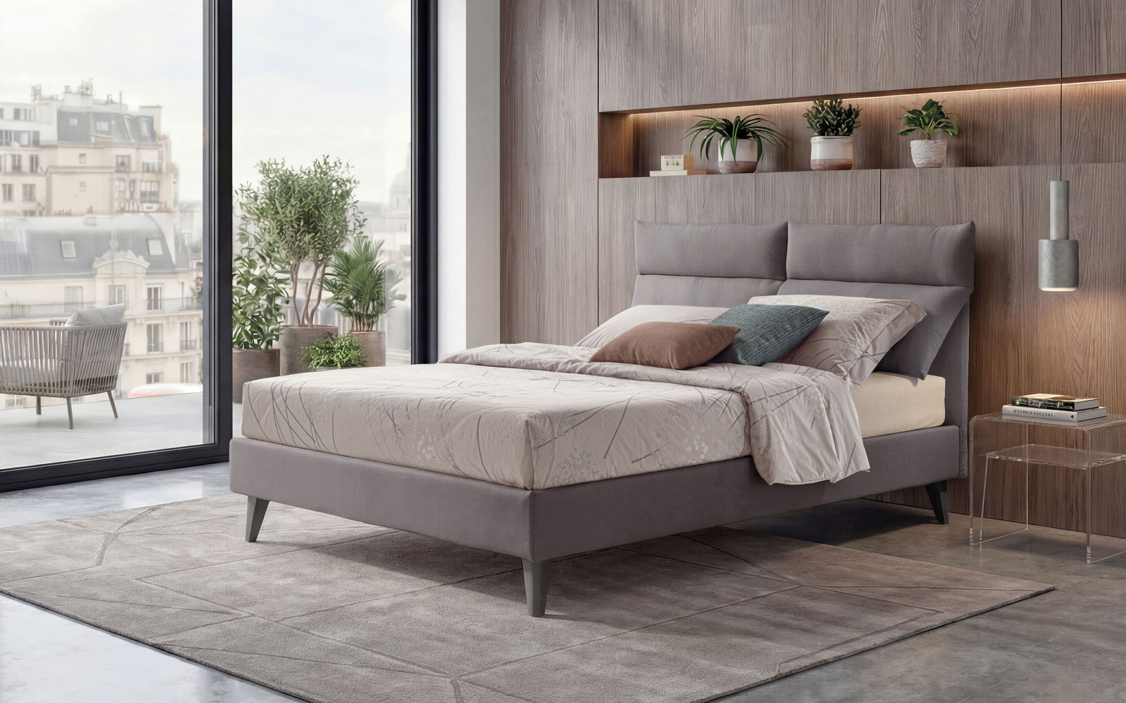 Plio letto tessile con cuscini testiera reclinabili