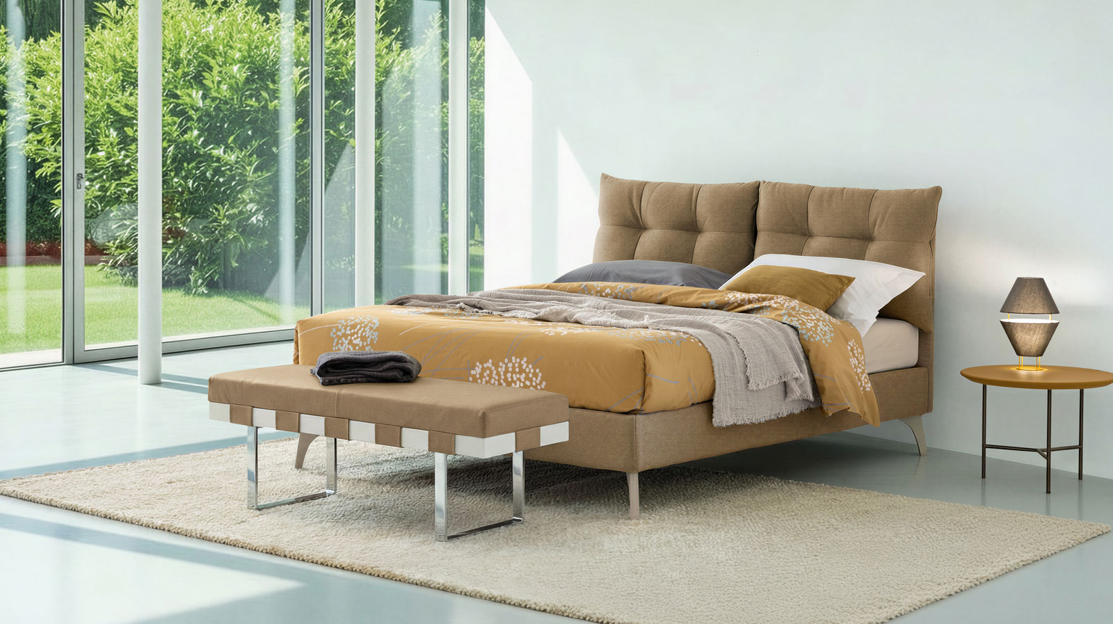 Loren letto tessile con base contenitore basso e panca Stiletto